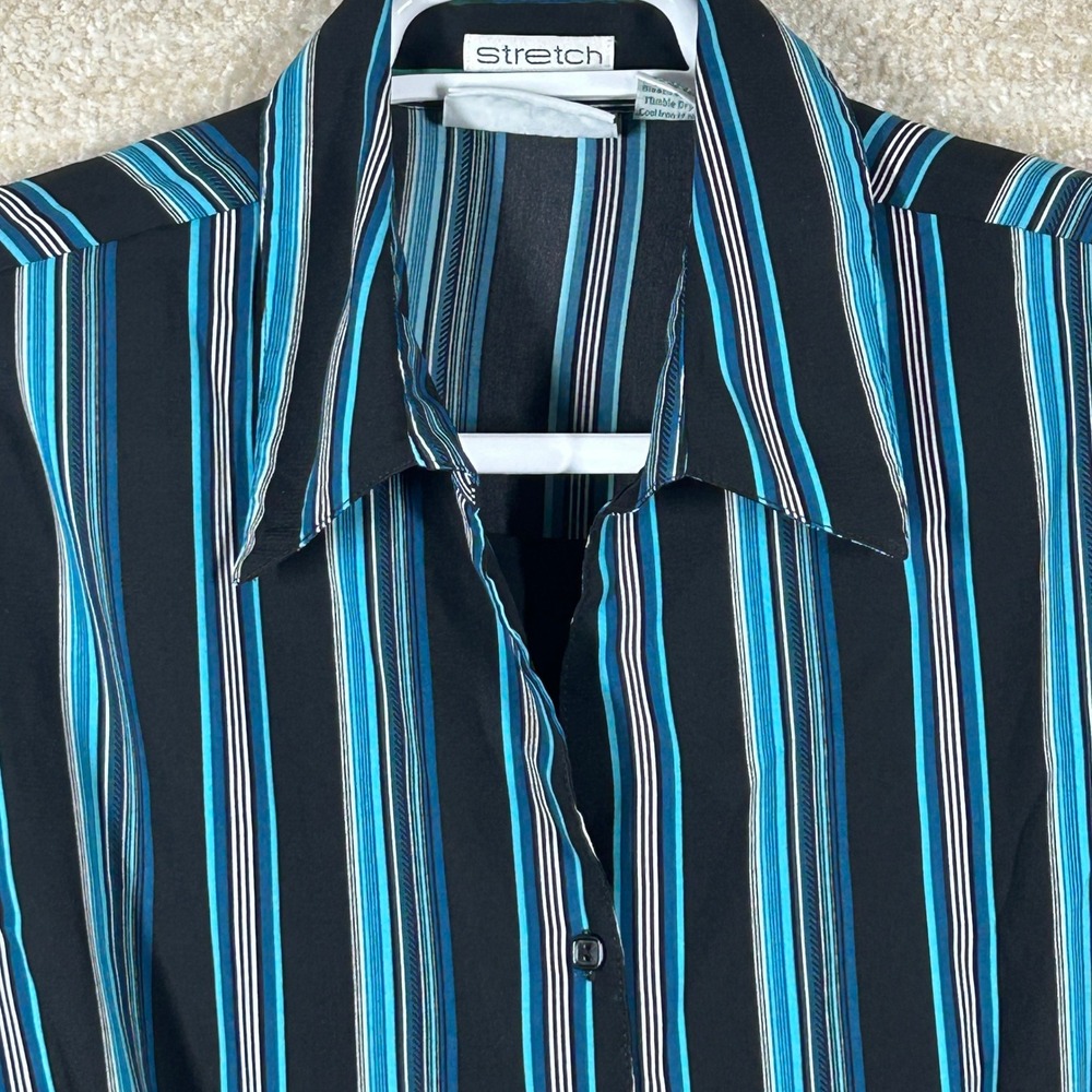 Joanna Womens 90s Minimal Striped Stretch Button Down Shirt Blue Black Large L
